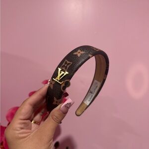 Louis Vuitton Brown Monogram Headband with Gold LV Initial